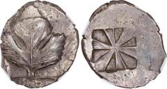 Ancient Coins SICILY. Selinos. AR Didrachm (9.14 gms), ca. 540-515 B.C. NGC AU, Strike: 4/5 Surface: 3/5. HGC-2, 1208; Arnold-Biucchi Group-I, 3. Obverse: Selinon leaf; Reverse: Incuse square divided 