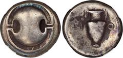 Ancient Coins BOEOTIA. Thebes. AR Stater, ca. 363-338 B.C. NGC FINE. HGC-4, 1334; BCD Boeotia-550. Diok-, magistrate. Obverse: Boeotian shield; Reverse: Amphora. Clearly a well-circulated example, tho