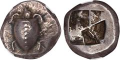 AEGINA. AR Stater (12.46 gms), ca. 525-475 B.C. NGC Ch VF★, Strike: 4/5 Surface: 4/5. HGC-6, 424. Obverse: Sea turtle, with head left, thin collar, and row of dots down back; Reverse: Small incuse squ