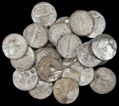 MIXED LOTS. Group of Selekuid and Cappadocian Tetradrachms (25 Pieces). VERY FINE. Harshly Cleaned. A mixed group of varied Seleukid and Cappacodian Tetradrachms. All are harshly cleaned.SOLD AS IS/NO