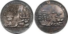 INDIA. Louis XV Victories in India/Masulipatan Port Silver Medal, 1750. NGC AU-58. Unsigned. Diameter: 36mm. Obverse: On the seaside a shield with the arms of the French East India Company hung on a t