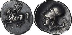 Corinth CORINTHIA. Corinth. AR Stater (8.53 gms), ca. 345-307 B.C. NGC EF, Strike: 4/5 Surface: 4/5. Die Shift. HGC-4, 1848; Pegasi-424. Obverse: Pegasos flying left, koppa below; Reverse: Helmeted he