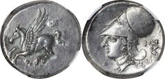 Corinth CORINTHIA. Corinth. AR Stater (8.45 gms), ca. 345-307 B.C. NGC EF, Strike: 5/5 Surface: 2/5. Polished. HGC-4, 1848; Pegasi-450; BCD Corinth-131. Obverse: Pegasos flying left; Reverse: Helmeted