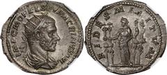 Macrinus, A.D. 217-218 MACRINUS, A.D. 217-218. AR Double-Denarius (Antoninianus) (4.78 gms), Rome Mint. NGC Ch EF, Strike: 5/5 Surface: 4/5. RIC-69; RSC-27A. Obverse: Radiate, draped, and cuirassed bu