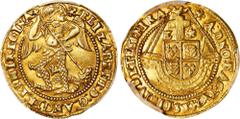 World Coins GREAT BRITAIN. 1/2 Angel, ND (1573-77). London Mint; mm: Eglatine. Elizabeth I. PCGS AU-58. S-2517; Fr-201; N-1992/1. Weight: 2.62 gms. A vivacious Half Angel of Elizabeth with rich golden