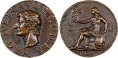 ITALY Unidentified Roman Medalist. Portrait Medal of Giuliano II de' Medici (1478-1516). 33.9 x 33.6 mm. 18.7 grams. Bronze. Armand II, 94, 3; Kress 241; Hill 887. Nude bust to right, MAG IVLIANVS MED