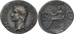 Caligula, A.D. 37-41 CALIGULA, A.D. 37-41. AE As (11.43 gms), Rome Mint, ca. A.D. 37-38. EXTREMELY FINE. RIC-38. Obverse: Bare head left; Reverse: Vesta seated left on ornamental throne, holding pater