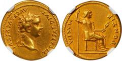 ROMAN EMPIRE TIBERIUS, A.D. 14-37. AV Aureus (7.54 gms), Lugdunum Mint, after 16 A.D. NGC Ch XF*, Strike: 5/5 Surface: 3/5-Edge Marks. RIC-29; S-1760; Calico-305e (plate coin). Laureate head of Tiberi