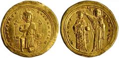 BYZANTINE ROMANUS III, 1028-1034. AV Histamenon Nomisma (4.38 gms), Constantinople Mint. S-1819. Christ enthroned facing, holding book of Gospels; Reverse: Nimbate Virgin standing facing, crowning sta