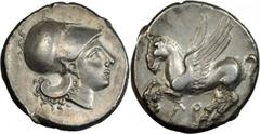 GREEK Bruttium ITALY. Bruttium. Locri Epizephyrii. AR Stater (8.45 gms), ca. 325-317 B.C. Cal-5/1. Pegasus flying left, "LO" below; Reverse: Athena right wearing Corinthian helmet. Well executed Pegas