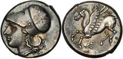 GREEK Syracuse SICILY. Syracuse. AR Stater (6.82 gms), 304-289 B.C. Cal-17. Athena left wearing Corinthian helmet; Reverse: Pegasus flying left, triskeles below. Silver-gray, some adhesions.GOOD VERY 