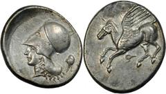 GREEK Corinth CORINTHIA. Corinth. AR Stater (8.45 gms), ca. 405-345 B.C. Cal-120/1. Pegasus flying left, koppa below; Reverse: Helmeted Athena left, Phrygian cap behind. Bright silver gray.ALMOST EXTR