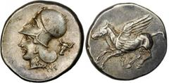 GREEK Corinth CORINTHIA. Corinth. AR Stater (8.64 gms), ca. 405-345 B.C. Cal-209/1. Pegasus flying left, koppa below; Reverse: Helmeted Athena left, bull head behind. Golden silver gray, well centered