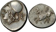 GREEK Corinth CORINTHIA. Corinth. AR Stater (8.60 gms), ca. 405-345 B.C. Cal-455/1. Pegasus flying left, koppa below; Reverse: Helmeted Athena left, Artemis running with torch behind. Light silver-gra