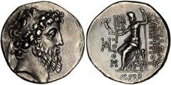 GREEK Seleukid Kingdom SYRIA. Seleukid Kingdom. AR Tetradrachm (16.54 gms), Damascus Mint, SE 186 (ca. 127-126 B.C.). SC-2181.76; LSM-72. Diademed head of Demetrios right; Reverse: Zeus seated left ho