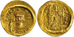BYZANTINE PHOCAS, 602-610. AV Solidus (4.49 gms), Constantinople Mint, 5th Officina. S-618. Draped and cuirassed bust facing, wearing crown without pendilia, and holding globus cruciger; Reverse: Ange