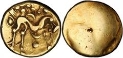 GREEK Gallo-Belgic Issues CELTIC BRITAIN. Gallo-Belgic Issues. AV Stater (6.25 gms), ca. 65 B.C. S-11; VA-50-1. Blank; Reverse: Tall disjointed horse right, pellet below. Imported from Northern Gaul (