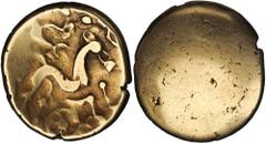 GREEK Atrebates CELTIC BRITAIN. Atrebates. AV Stater (5.77 gms), ca. 55-45 B.C. S-39; VA-216-1. Blank; Reverse: Disjointed horse right, spoked wheel below.FINE.