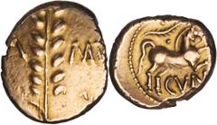 GREEK Trinovantes CELTIC BRITAIN. Trinovantes. Cunobelin (ca. 1-40 A.D). AV Stater (5.51 gms), Camulodunum (Colchester) Mint, ca. 10-20 B.C. S-281; VA-1925-1. Linear type. Corn ear dividing "CA-MV"; R