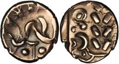 GREEK Corieltauvi CELTIC BRITAIN. Corieltauvi. AV Stater (5.53 gms), ca. 45-10 B.C. S-390; VA-811-9. South Ferriby Type. Abstract head of Apollo right; Reverse: Disjointed abstract horse left with wav