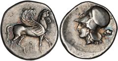 GREEK Corinth CORINTHIA. Corinth. AR Stater (8.52 gms), 405-345 B.C. Calciati-341. Pegasus with curled wing standing right, KE below; Reverse: Helmeted head of Athena left, forepart of butting bull le