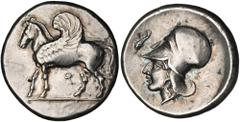 GREEK Corinth CORINTHIA. Corinth. AR Stater (8.59 gms), 405-345 B.C. Calciati-342. Pegasus with curled wing standing left, koppa below. Reverse: Helmeted head of Athena left, dolphin in front, sigma b