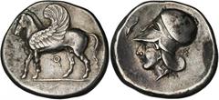 GREEK Corinth CORINTHIA. Corinth. AR Stater (8.55 gms), 405-345 B.C. Calciati-342. Pegasus with curled wing standing left, koppa below. Reverse: Helmeted head of Athena left, dolphin in front, sigma b