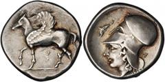 GREEK Corinth CORINTHIA. Corinth. AR Stater (8.56 gms), 405-345 B.C. Calciat-342. Pegasus with curled wing standing left, koppa below. Reverse: Helmeted head of Athena left, dolphin in front, sigma be