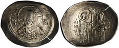 BYZANTINE ALEXIUS I, 1081-1118. EL Histamenon Nomisma (3.94 gms), Thessalonica Mint. S-1904. Facing bust of Christ Pantokrator; Reverse: St. Demetrius standing right, wearing nimbus crown, holding swo