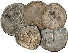 MIXED LOTS BYZANTINE. Lot of (5) Byzantine Silver Coins. 5 pieces in lot. Included are a Heraclius Hexagram, a Leo III the Isaurian Miliaresion, a Leo IV the Khazar Miliaresion, and a large Half Hyper