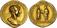 ROMAN EMPIRE HADRIAN, A.D. 117-138. Gold Aureus (7.25 gms), Rome Mint, A.D. 117. cf.RIC-3c (Denarius); Calico-1168; cf.Cohen-3 (obverse bust not cuirassed). Among the earliest coinage issues of Hadria