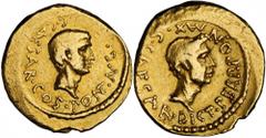 ROMAN REPUBLIC Octavian & Julius Caesar. Aureus (8.07 gms), Italian Mint, 43 B.C. Calico-52; Sear-1525; Craw-490/2. Struck by a military mint traveling with Octavian, accounting for why nearly all kno