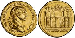 ROMAN EMPIRE Trajan. Aureus (7.29 gms), Rome Mint, A.D. 115. RIC-257; Calico-1031; cf.Sear-3093 (chariot on reverse drawn by four horses). Struck to commemorate the construction of Trajan’s forum “For
