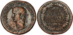 ROMAN EMPIRE CALIGULA, A.D. 37-41. AE Sestertius (29.9 gms), Rome Mint, A.D. 39-40. RIC-46. Laureate head of Caligula left; Reverse: SPQR / P.P. OB. CIVES / SERVATOS in four lines, wreath around. The 