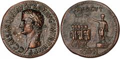 ROMAN EMPIRE CALIGULA, A.D. 37-41. AE Sesterius (29.5 gms), Rome Mint, A.D. 40-41. RIC-48. Laureate head of Caligula left; Reverse: Caligula standing on platform, left, addressing five soldiers. ADLOC