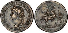 ROMAN EMPIRE NERO, A.D. 54-68. AE Sestertius (27.3 gms), Rome Mint, A.D. 63. RIC-108. Laureate head of Nero left; Reverse: Nero on horseback right a foot soldier before and behind, "DECVRSIO" in exerg