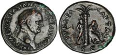 ROMAN EMPIRE VESPASIAN, A.D. 69-79. AE Sestertius (27.7 gms), Rome Mint, A.D. 71. RIC-159. Laureate bust of Vespasian right; Reverse: "IVDAEA CAPTA." Palm tree divides standing captive at right seated