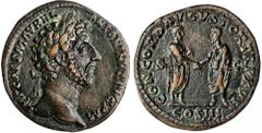 ROMAN EMPIRE MARCUS AURELIUS, A.D. 161-180. Sestertius (24.12 gms), Rome Mint, A.D. 161-162. RIC-826. Laureate head of Marcus Aurelius right; Reverse: Marcus Aurelius standing right holding scroll cla