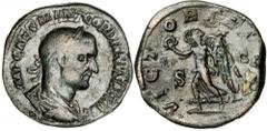ROMAN EMPIRE GORDIAN I AFRICANUS, A.D. 238. AE Sestertius (21.77 gms), Rome Mint. RIC-12. Laureate draped and cuirassed bust of Gordian I right; Reverse: Victory advancing left holding wreath and palm