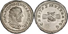 ROMAN EMPIRE PUPIENUS, A.D. 238. Antoninianus (5.15 gms), Rome Mint. RIC-10(b). Radiate draped and cuirased bust of Pupienus right; Reverse: Clasped hands. Well struck on a sound planchet of good meta