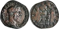 ROMAN EMPIRE PUPIENUS, A.D. 238. AE Sestertius (15.28 gms), Rome Mint, A.D. 238. RIC-22(a). Laureate draped and cuirassed bust of Pupienus right; Reverse: Pax seated left holding branch and scepter. F