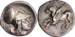 Corinth CORINTHIA. Corinth. AR Stater (8.41 gms), ca. 345-307 B.C. Cal-381. Pegasus flying left, koppa below; Reverse: Head of Athena right, wearing Corinthian helmet, "N" * behind. Sharp strike. Nice