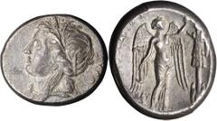 Syracuse SICILY. Syracuse. AR Tetradrachm (16.09 gms), ca. 305-295 B.C. SNG Cop-766 var.; SNG ANS-681. Head of Persephone, also known as Kore the maiden, to left, "KOPAE" behind; Reverse: Nike standin