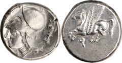 Corinth CORINTHIA. Corinth. AR Stater (8.54 gms), ca. 345-307 B.C. Calciati-411. Pegasus flying left, Koppa below; Reverse: Helmeted head of Athena left, lambda behind head, trophy to right. The rever