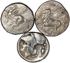 Corinth CORINTHIA. Corinth. Lot of (3) AR Staters, ca. 345-280 B.C. Calciati-129, 429 & 458. 3 pieces in lot. Includes Corinth (2) and (1) Leucas Pegasus type Staters. All (3) are well centered on nic