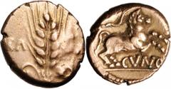 CELTIC BRITAIN. Trinovantes. AV Stater (5.38 gms), Camulodunum (Colchester) Mint, ca. 10-43 A.D. S-288; VA-2025-1; BMC-1827-31. Classic type. Corn ear dividing "CA-MV"; Reverse: Romanized horse right,