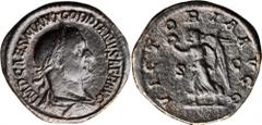 GORDIAN I, A.D. 238. AE Sestertius (19.74 gms), Rome Mint, 238 A.D. S-8453; RIC-12. Laureate, draped and cuirassed bust right; Reverse: Victory advancing left with wreath and palm. Light graininess. D