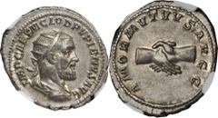 PUPIENUS, A.D. 238. AR Antoninianus (4.94 gms), Rome Mint, A.D. 238. RIC-9b. Radiate, draped and cuirassed bust of Pupienus right; Reverse: Clasped hands. NGC Ch EF, Strike: 5/5 Surface: 5/5. Fine Sty