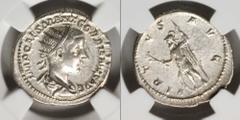 Gordian III, A.D. 238-244 GORDIAN III, A.D. 238-244. AR Antoninianus (4.69 gms), Rome Mint, 238-9 A.D. S-8668.  Radiant bust of Gordian III right; Reverse: Virtus standing left, resting on shield and 