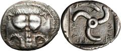 LYCIA. Dynasts of Lycia. Mithrapata, ca. 390-370 B.C. AR Stater (9.72 gms). SNGvonAulock-4241. Lion's scalp facing; Reverse: Large triskeles, dolphin below, Lycian legend around. Dark toning. EXTREMEL